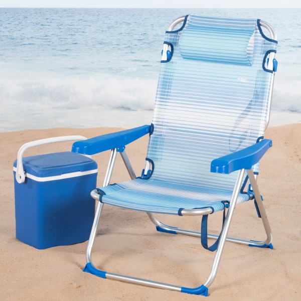 Silla de playa plegable azul rayas 5 posiciones Aktive | Distria