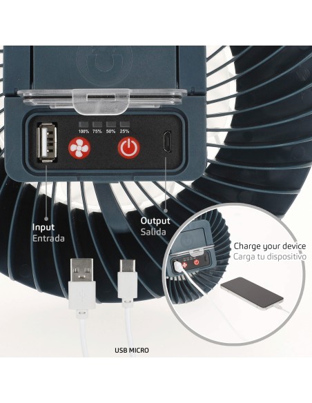 Lámpara LED con ventilador y cargador USB | Distria