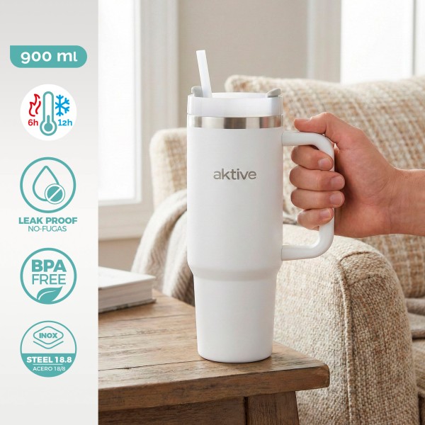 Vaso térmico blanco 900 ml inox antifugas con asa | Distria
