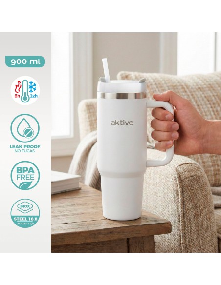 Vaso térmico blanco 900 ml inox antifugas con asa | Distria