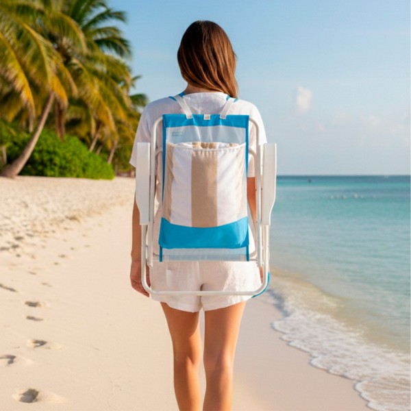 Silla mochila de playa plegable azul 44x40x81 cm Aktive | Distria