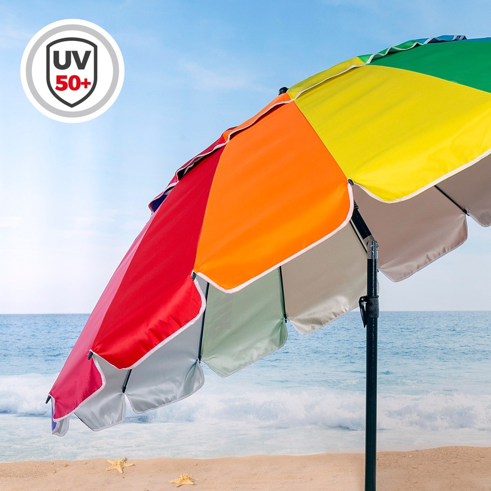 Sombrilla playa antiviento Ø195 cm multicolor c/mástil inclinable y  protección UV50 Aktive