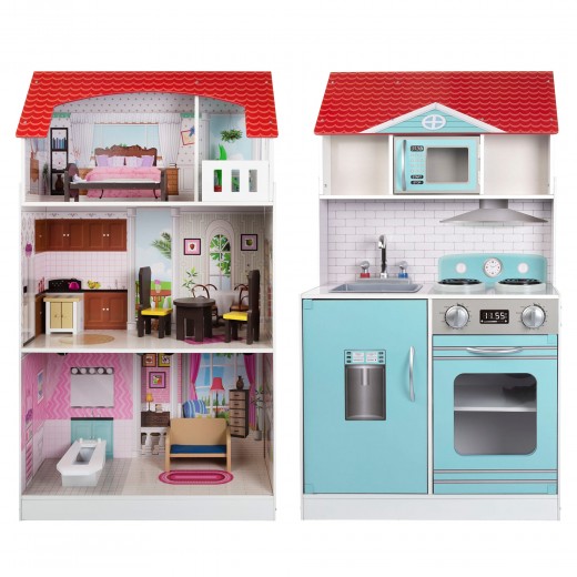WOOMAX Cozinha e casa de bonecas 2 em 1